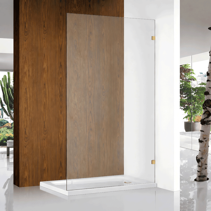 300-1200mm 10mm Glass Covey Frameless Walk In Single Panel Brushed Gold Brackets Shower Screens - 2000mm Height