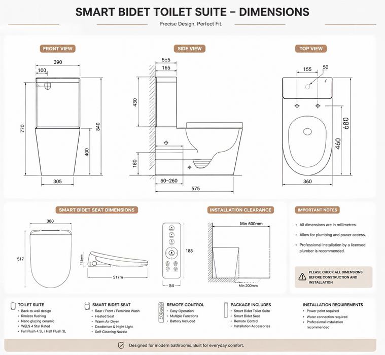 680*390*840mm Rimless Wellness Spa Smart Bidet Back To Wall Toilet Set