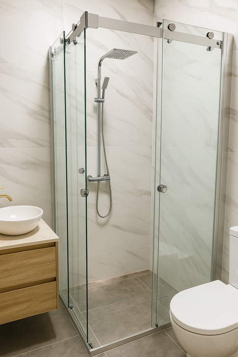 900-1800*2000mm SUN 8mm Glass Double Sliding L Shape Frameless Chrome Fittings Shower Screens