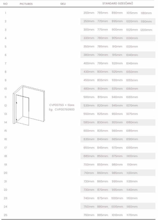 200-1200mm Covey 10mm Glass Frameless Walk In Single Fixed Panel Gunmetal Grey Brackets Shower Screens