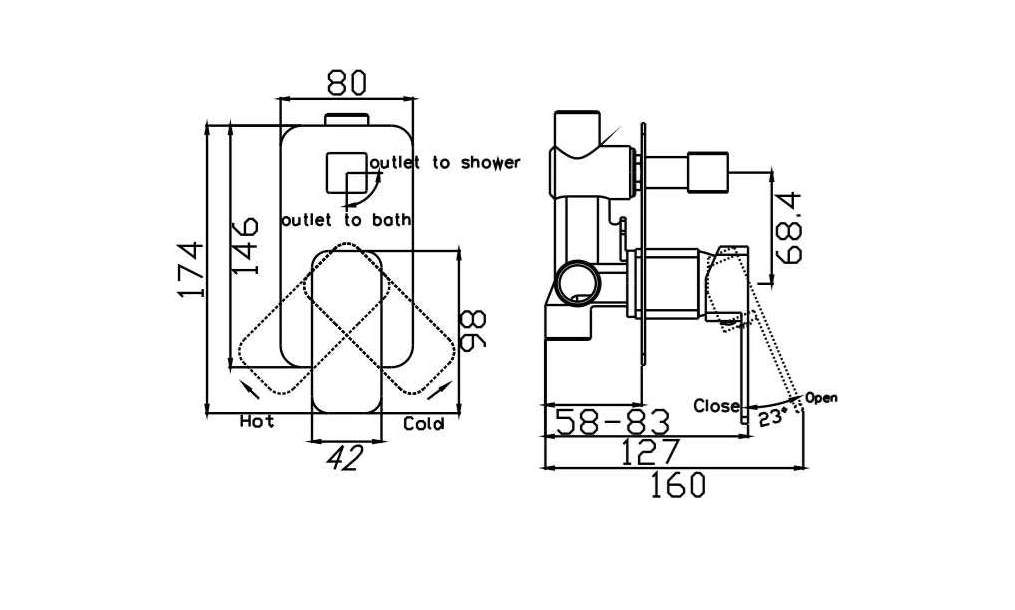 HC Elegant Black Rectangle Wall Mixer With Diverter