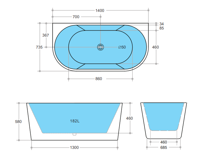 1400-1700*795*580mm Poseidon MBBT Matt Black And White Oval Acrylic Back To Wall Freestanding Bathtub