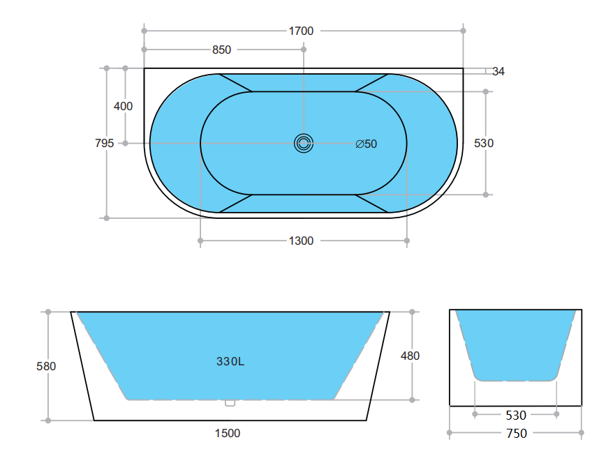 1400-1700*800*580mm Poseidon ELBT Gloss White/Matt White/Gloss Black Oval Acrylic Back To Wall Freestanding Bathtub