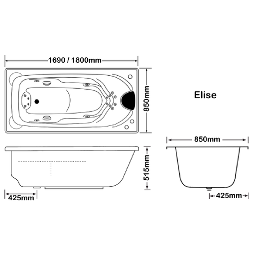 1690/1800*850*515mm Elise Spa Bath Tub 16 jets White Acrylic drop in - HD reno
