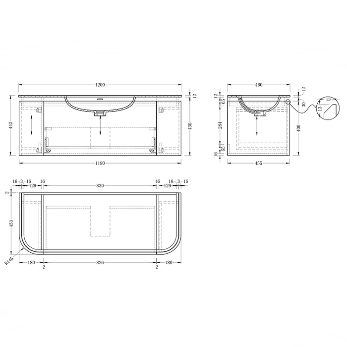 900-1500*455*430mm Infinity FELIX Walnut Plywood With One Main Drawer And Two Side Drawers Wall Hung Vanity