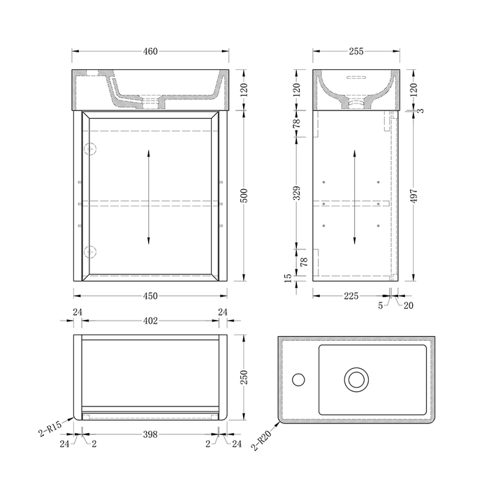 450*250*500mm Infinity FELIX Walnut Plywood With Single Door Wall Hung Vanity