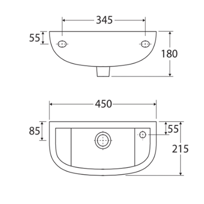 450*215*180mm FIE RAK Compact Gloss White Ceramic Slim Oval Wall Hung Basin