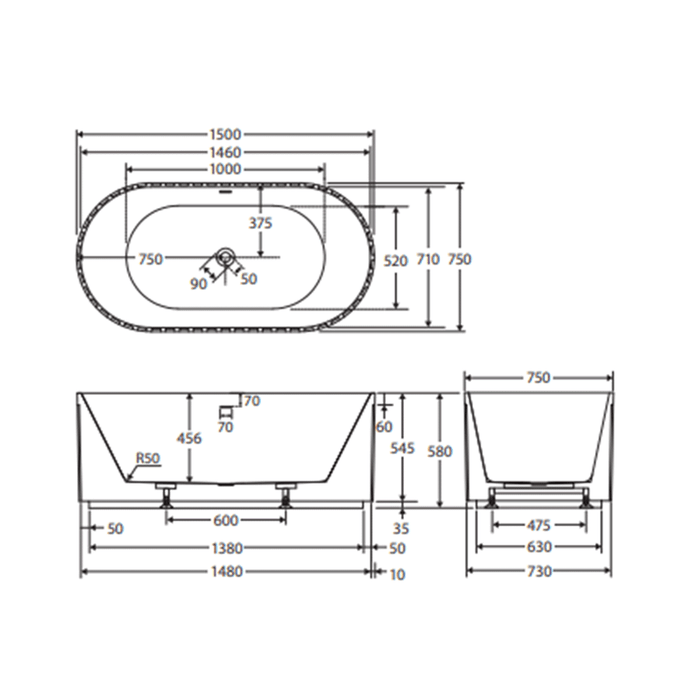 1500/1700mm FIE Eleanor Gloss White Oval Fluted Acrylic Freestanding Bathtub