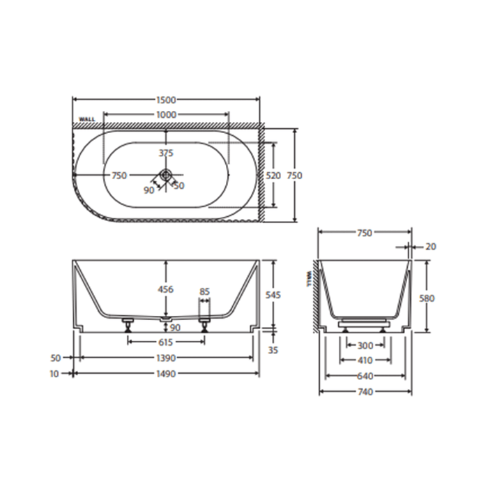 1500mm FIE Eleanor Gloss White Oval Fluted Acrylic Right/Left-Hand Corner Bathtub