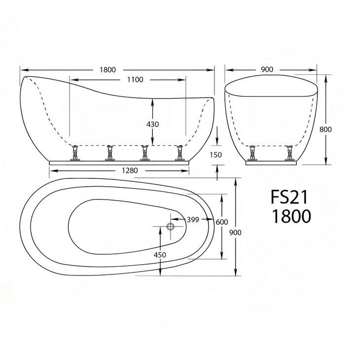FS21 1800*900*800mm White Oval 12 Jets Acrylic Freestanding Spa Bathtub