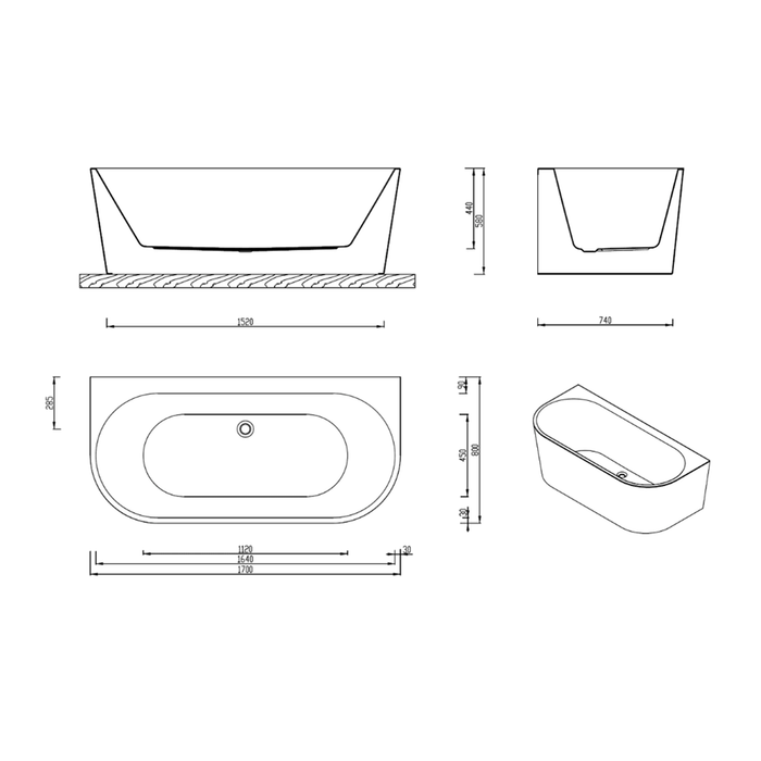 FS36 1700mm Gloss White Rectangle 10 Jets Back to Wall Freestanding Spa Bath