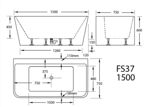 FS37 1500/1700mm Bath Tub Gloss White/Black Acrylic back to wall Freestanding - HD reno
