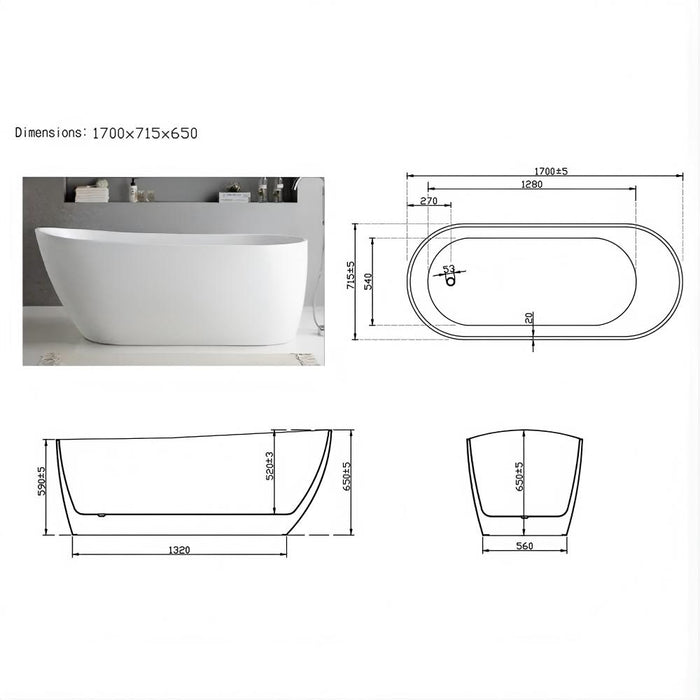 FS6 1300/1500/1700*700mm White Acrylic Freestanding Bathtub