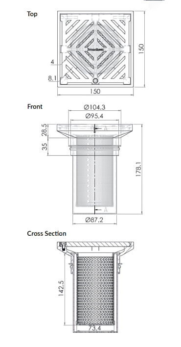 150mm Square Floor Waste Arrestor (suits 100mm pipe) (Heel Proof) - 304 316 - HD reno