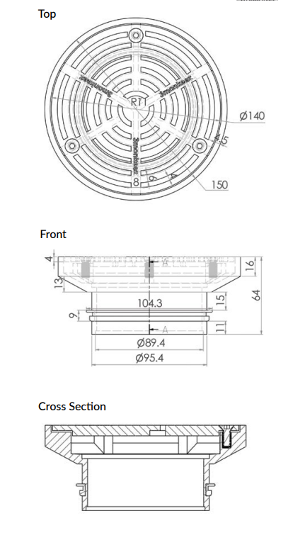 150mm Round Floor Waste (suits 100mm pipe) (Heel Proof)-304 316 - HD reno