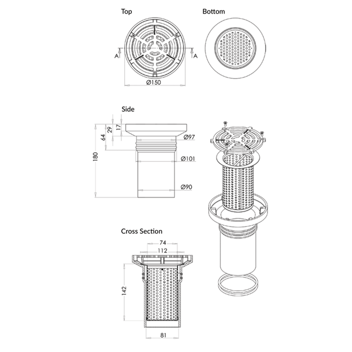 150mm 3monkeez Round Floor Waste Arrestor (Suits 100mm Pipe)