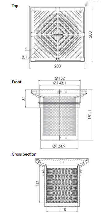 200mm Square Floor Waste Arrestor (suits 150mm pipe)-304 316 - HD reno