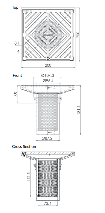 200mm Square Floor Waste Arrestor (suits 100mm pipe) (Heel Proof) - 304 316 - HD reno