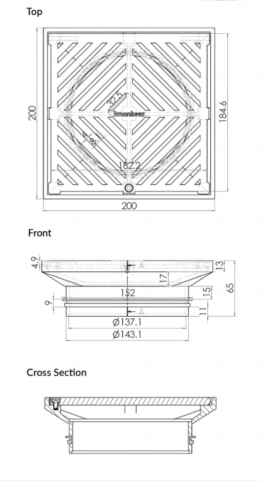 200mm Square Floor Waste (suits 150mm pipe) (Heel Proof) - 304 316 - HD reno