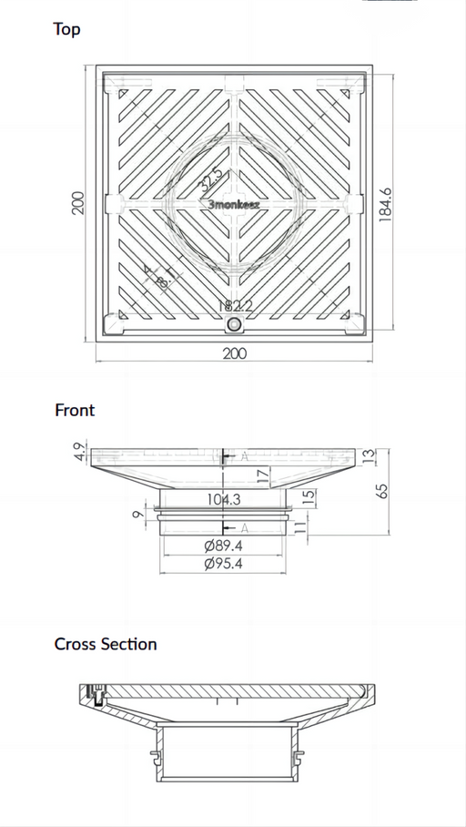 200mm Square Floor Waste (suits 100mm pipe) (Heel Proof) - 304 316 - HD reno