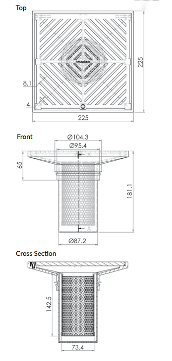 225mm Square Floor Waste Arrestor (suits 100mm pipe) (Heel Proof) - 304 316 - HD reno
