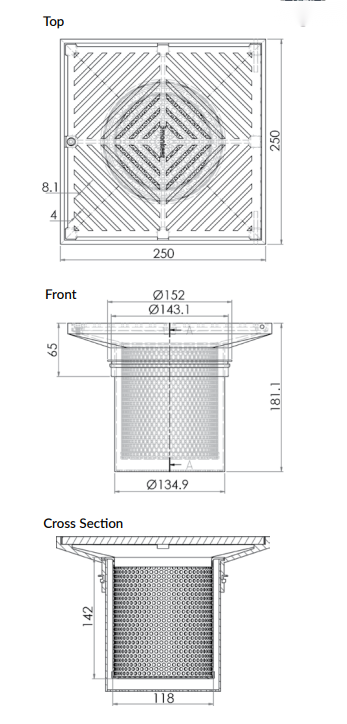 250mm Square Floor Waste Arrestor (suits 150mm pipe) (Heel Proof) - 304 316 - HD reno