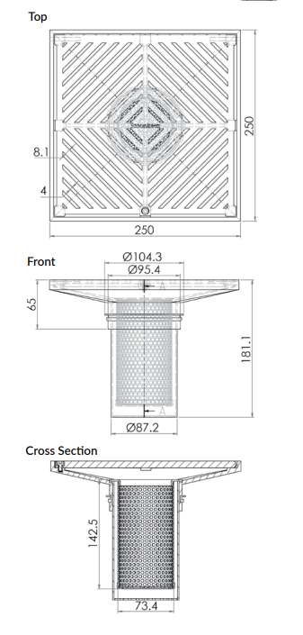 250mm Square Floor Waste Arrestor (suits 100mm pipe) (Heel Proof) - 304 316 - HD reno