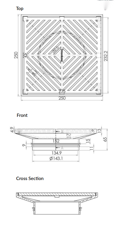 250mm Square Floor Waste (suits 150mm pipe) (Heel Proof) - 304 316 - HD reno