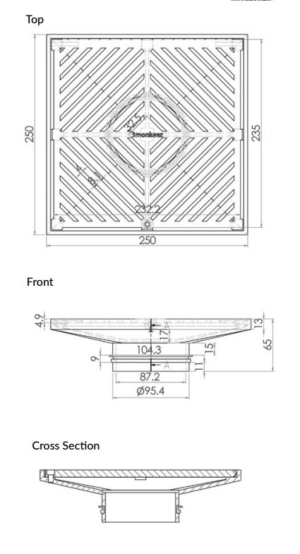 250mm Square Floor Waste (suits 100mm pipe) (Heel Proof) - 304 316 - HD reno
