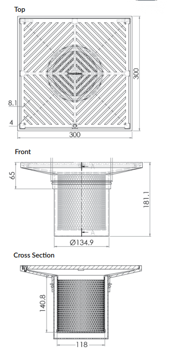 300mm Square Floor Waste Arrestor (suits 150mm pipe) (Heel Proof) - 304 316 - HD reno