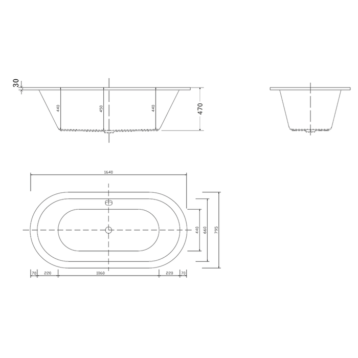 1640*795*470mm Florentine White Acrylic Oval Drop-In Bath Tub