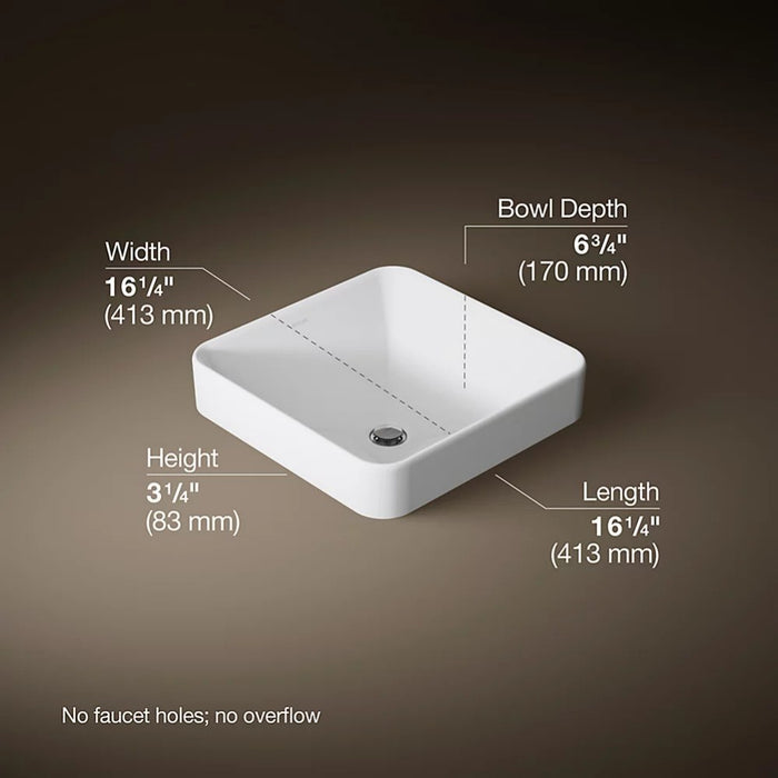 413*413*175mm Kohler Gloss White Ceramic Forefront Square Vessel Without Faucet Deck Above Counter Basins