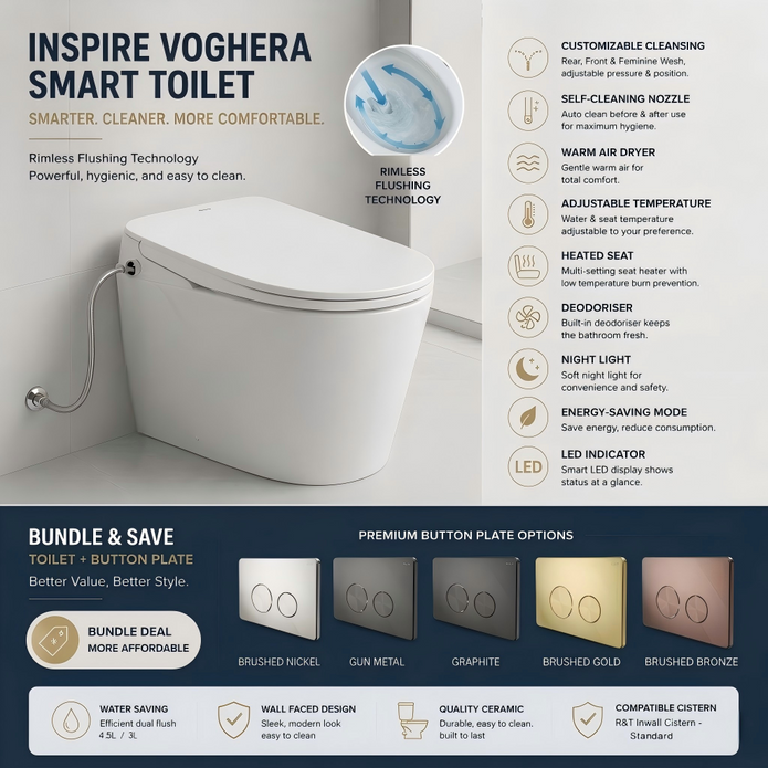 560*365*400mm Inspire Voghera Rimless Wellness Spa Smart Bidet Wall Faced Toilet Set