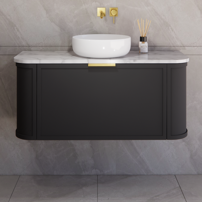 1200*450*450mm ABS Houston Matt Black Plywood Single Bowl Curved Wall Hung Vanity with Front Pull-out Side Cabinets, No Side Clearance Needed