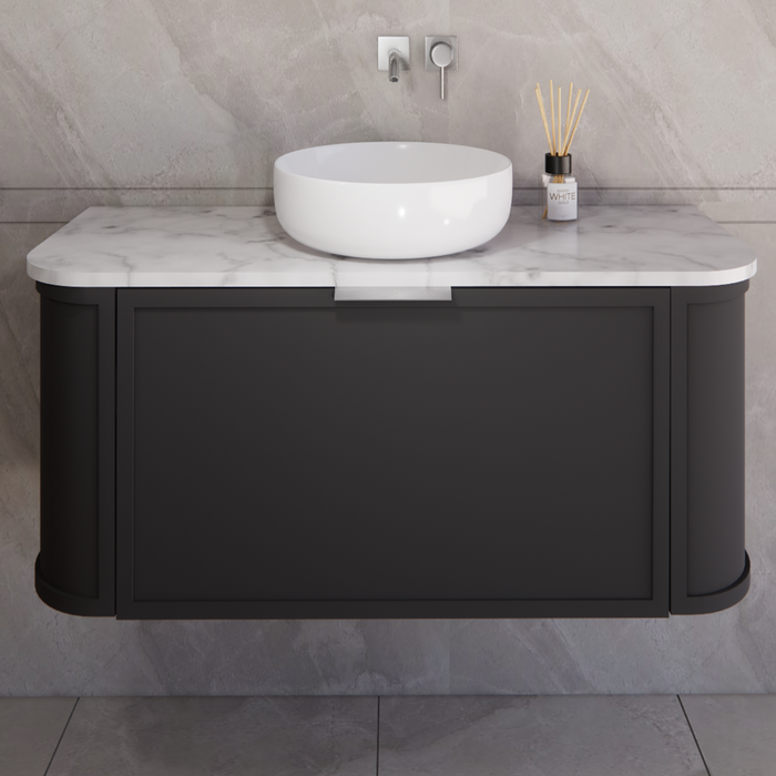 1200*450*450mm ABS Houston Matt Black Plywood Single Bowl Curved Wall Hung Vanity with Front Pull-out Side Cabinets, No Side Clearance Needed