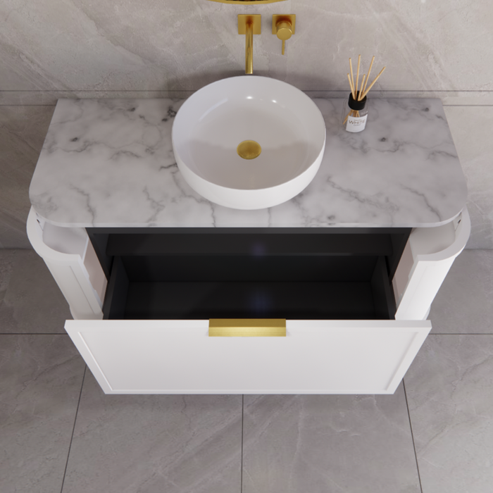 1200*450*450mm ABS Houston Matt White Plywood Curved Single Bowl Wall Hung Vanity with Front Pull-out Side Cabinets, No Side Clearance Needed