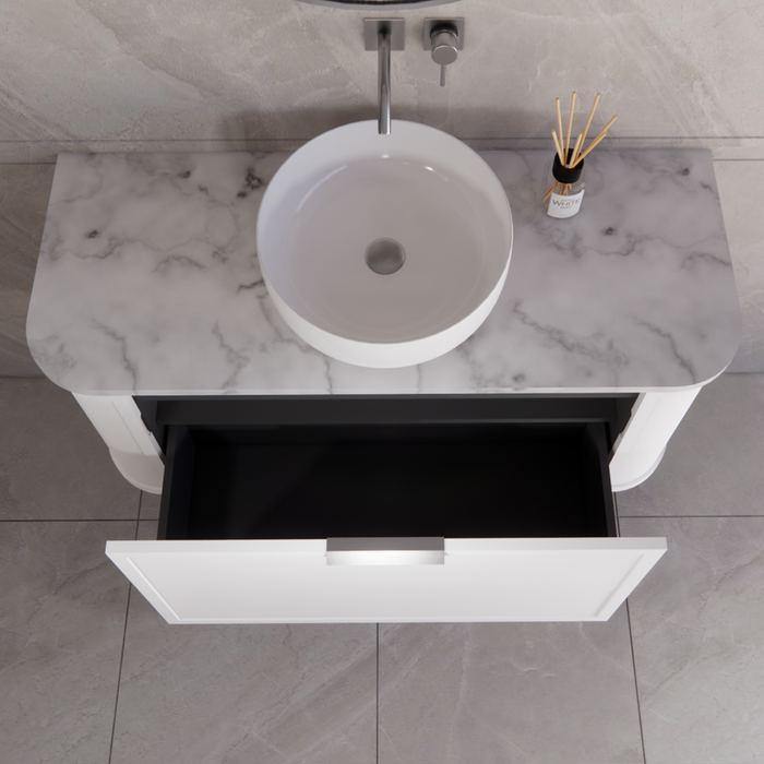 1200*450*450mm ABS Houston Matt White Plywood Curved Single Bowl Wall Hung Vanity with Front Pull-out Side Cabinets, No Side Clearance Needed