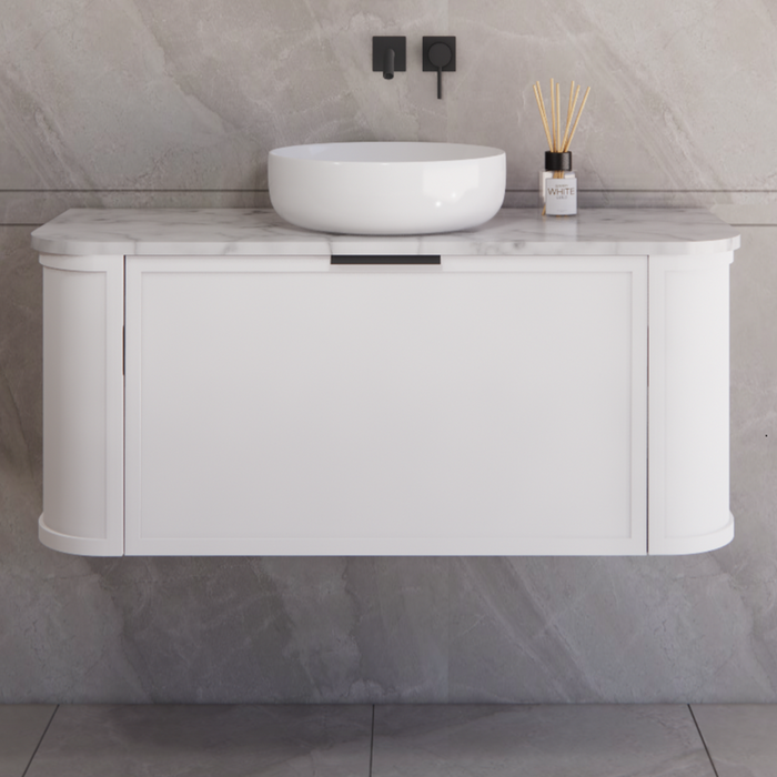 1200*450*450mm ABS Houston Matt White Plywood Curved Single Bowl Wall Hung Vanity with Front Pull-out Side Cabinets, No Side Clearance Needed