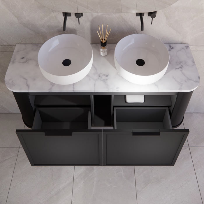 1500*450*450mm ABS Houston Matt Black Plywood Double Bowls Curved Wall Hung Vanity with Front Pull-out Side Cabinets, No Side Clearance Needed