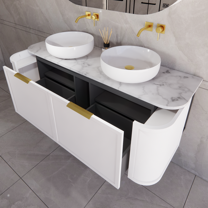 1500*450*450mm ABS Houston Matt White Plywood Curved Double Bowls Wall Hung Vanity