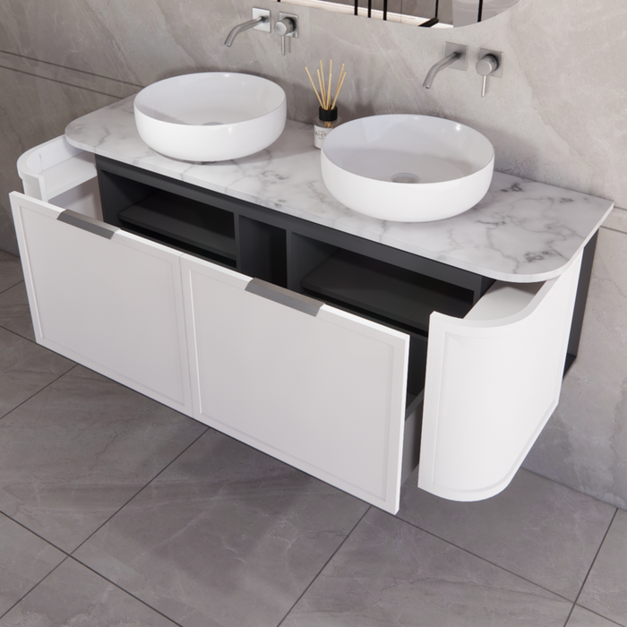 1500*450*450mm ABS Houston Matt White Plywood Curved Double Bowls Wall Hung Vanity with Front Pull-out Side Cabinets, No Side Clearance Needed