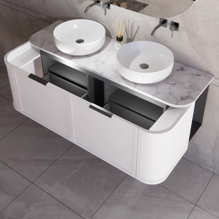 1500*450*450mm ABS Houston Matt White Plywood Curved Double Bowls Wall Hung Vanity