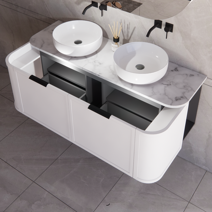 1500*450*450mm ABS Houston Matt White Plywood Curved Double Bowls Wall Hung Vanity with Front Pull-out Side Cabinets, No Side Clearance Needed