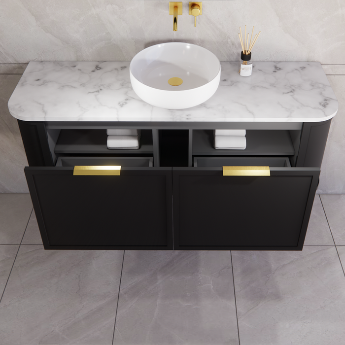 1500*450*450mm ABS Houston Matt Black Plywood Single Bowl Curved Wall Hung Vanity with Front Pull-out Side Cabinets, No Side Clearance Needed