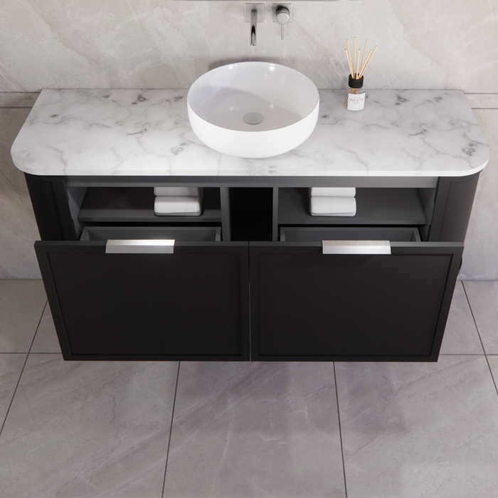 1500*450*450mm ABS Houston Matt Black Plywood Single Bowl Curved Wall Hung Vanity with Front Pull-out Side Cabinets, No Side Clearance Needed