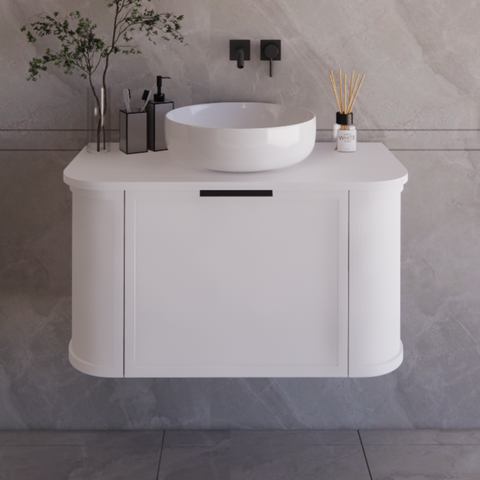 900*450*450mm ABS Houston Matt White Plywood Curved Wall Hung Vanity  with Front Pull-out Side Cabinets, No Side Clearance Needed
