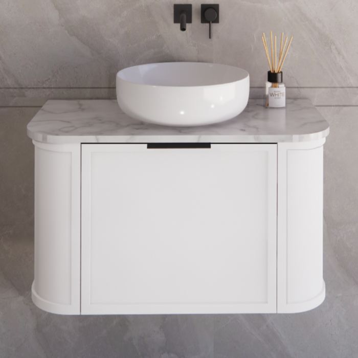 900*450*450mm ABS Houston Matt White Plywood Curved Wall Hung Vanity  with Front Pull-out Side Cabinets, No Side Clearance Needed