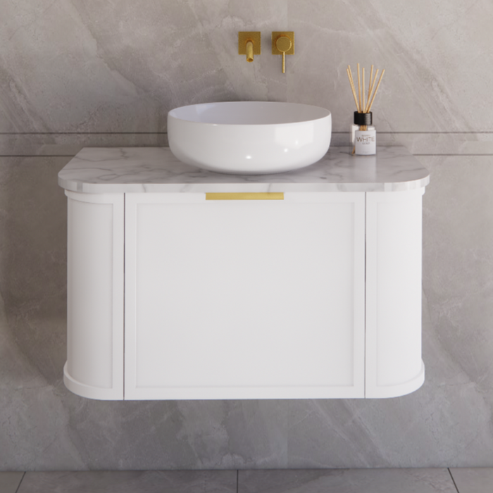 900*450*450mm ABS Houston Matt White Plywood Curved Wall Hung Vanity  with Front Pull-out Side Cabinets, No Side Clearance Needed