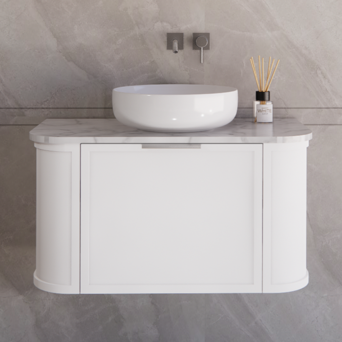 900*450*450mm ABS Houston Matt White Plywood Curved Wall Hung Vanity  with Front Pull-out Side Cabinets, No Side Clearance Needed