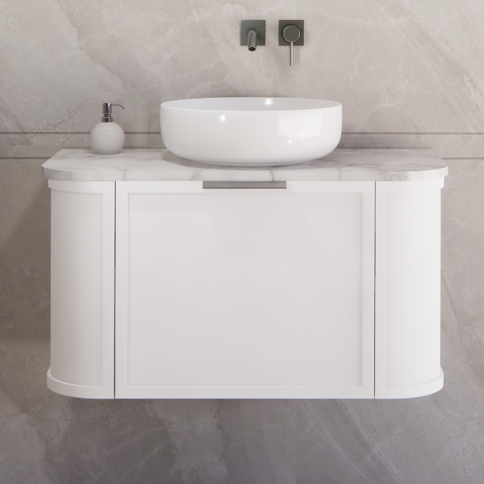900*450*450mm ABS Houston Matt White Plywood Curved Wall Hung Vanity  with Front Pull-out Side Cabinets, No Side Clearance Needed